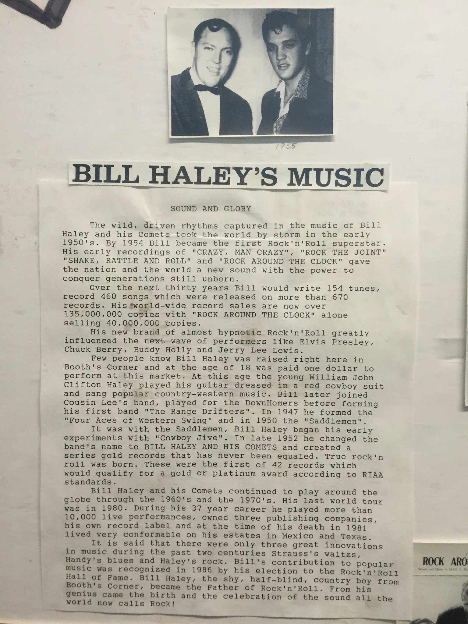 Bill Haley with Elvis Presley, 1955 — and "Bill Haley's Music" board text